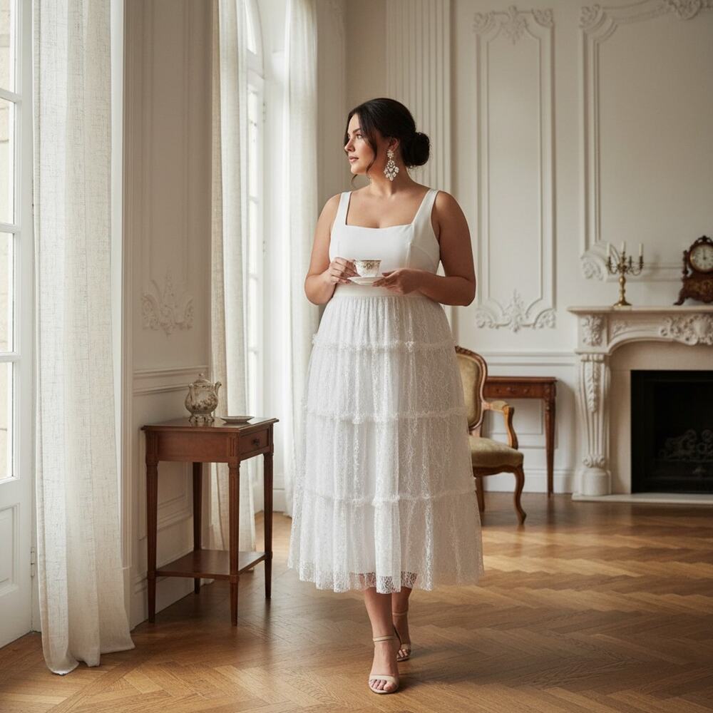 G-25 Adrianna Papell White Lace Tiered Dress Size 14W NWT Square‑Neck Midi - Picture 2 of 7